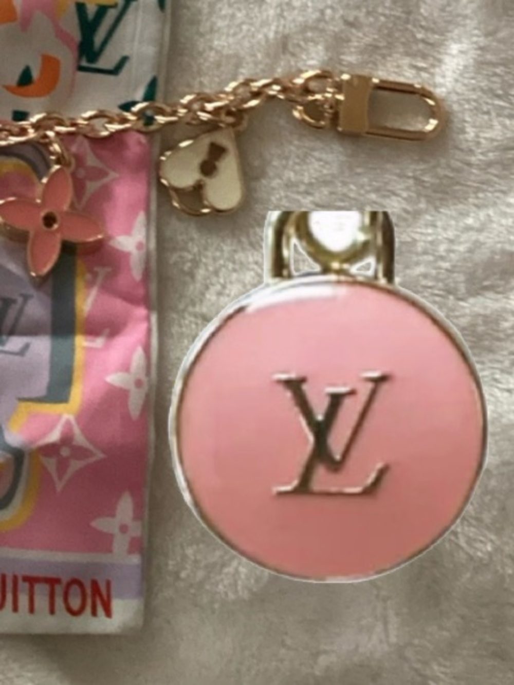 LV Charm and reversible Twilly with extra charm bag chain.